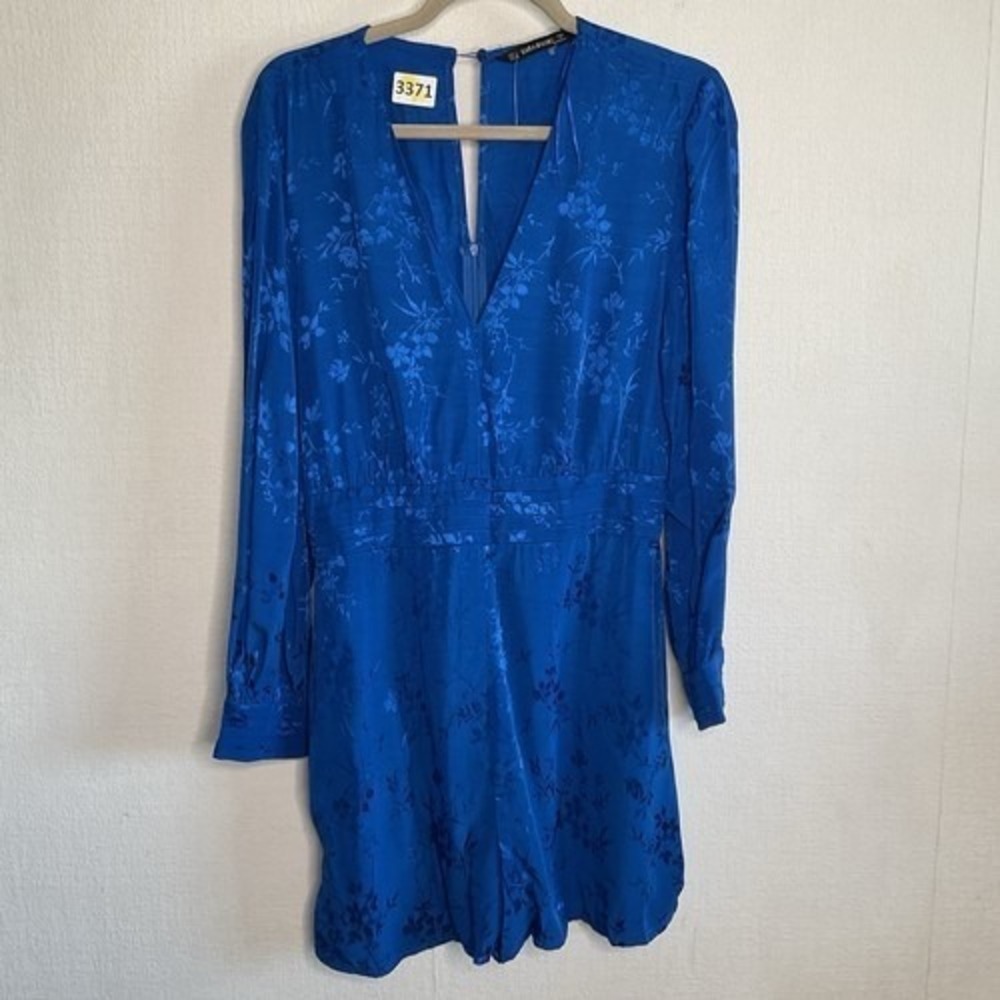 NWI Zara Royal Blue Satin Effect Cherry Blossom Floral Romper Women L Morocco